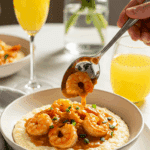 Serving a beautiful bowl of Shrimp and Grits at an elegant Southern brunch.