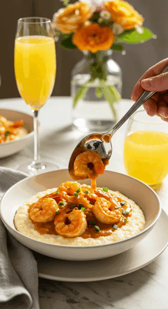 Serving a beautiful bowl of Shrimp and Grits at an elegant Southern brunch.