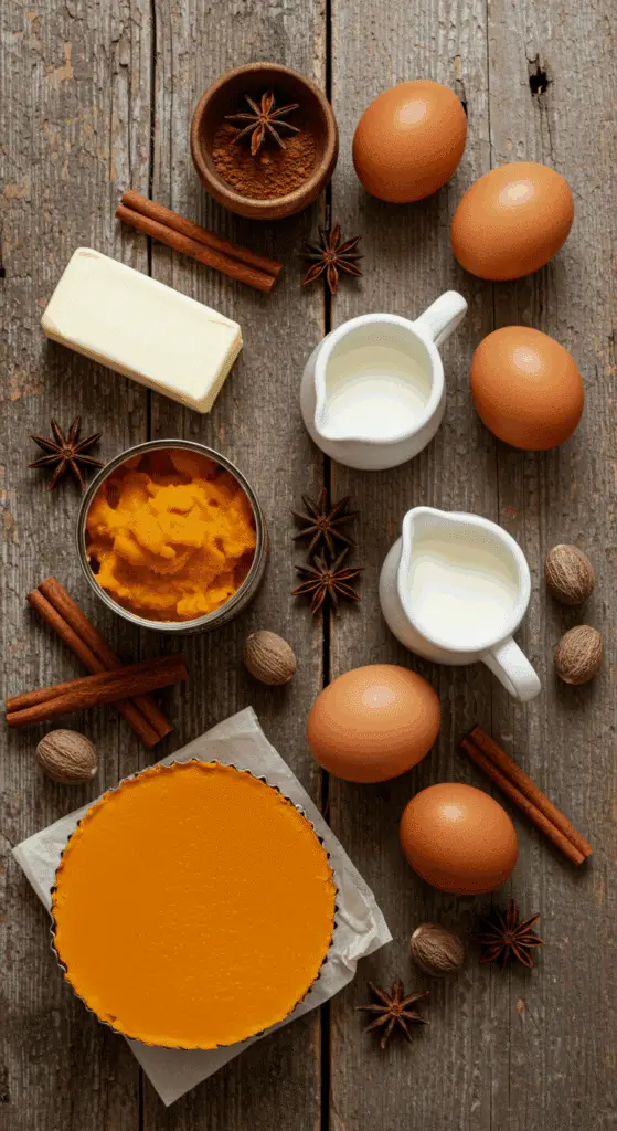 The classic, from-scratch ingredients for the homemade Pumpkin Pie recipe.