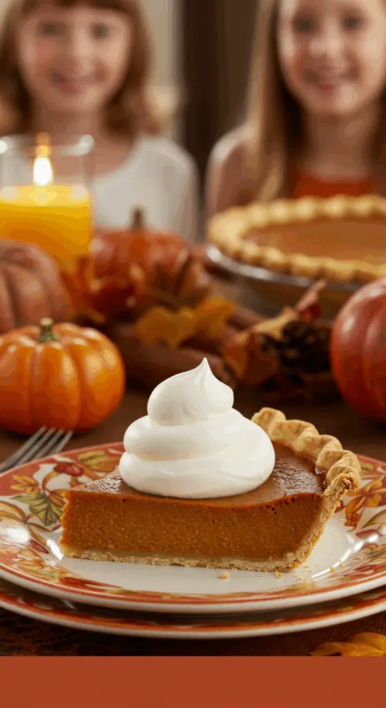 A perfect slice of homemade Pumpkin Pie with a large swirl of whipped cream being served for a holiday dessert.