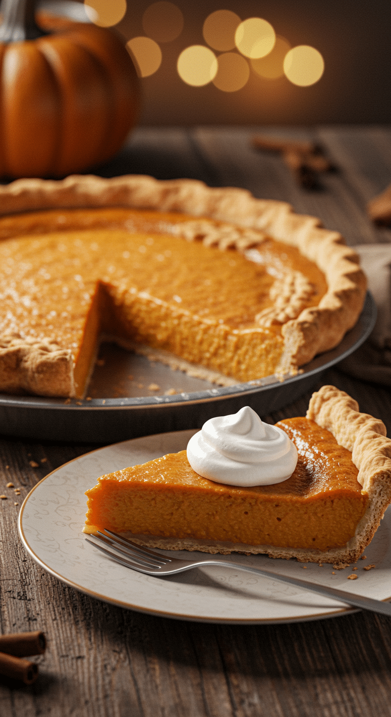 A beautiful, golden-brown, homemade Pumpkin Pie with a flaky crust and a perfect, creamy slice removed.