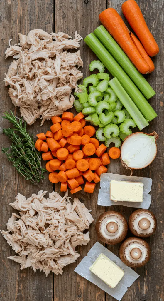 The fresh, from-scratch ingredients for the classic homemade Turkey Pot Pie recipe.