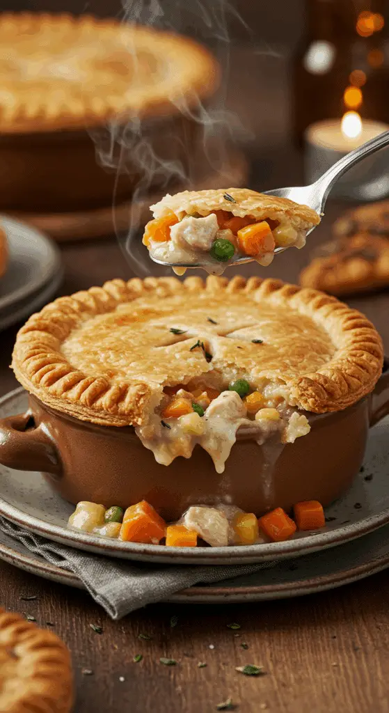 A cozy bowl of homemade Turkey Pot Pie with a spoon breaking through the flaky top crust to reveal the creamy filling.