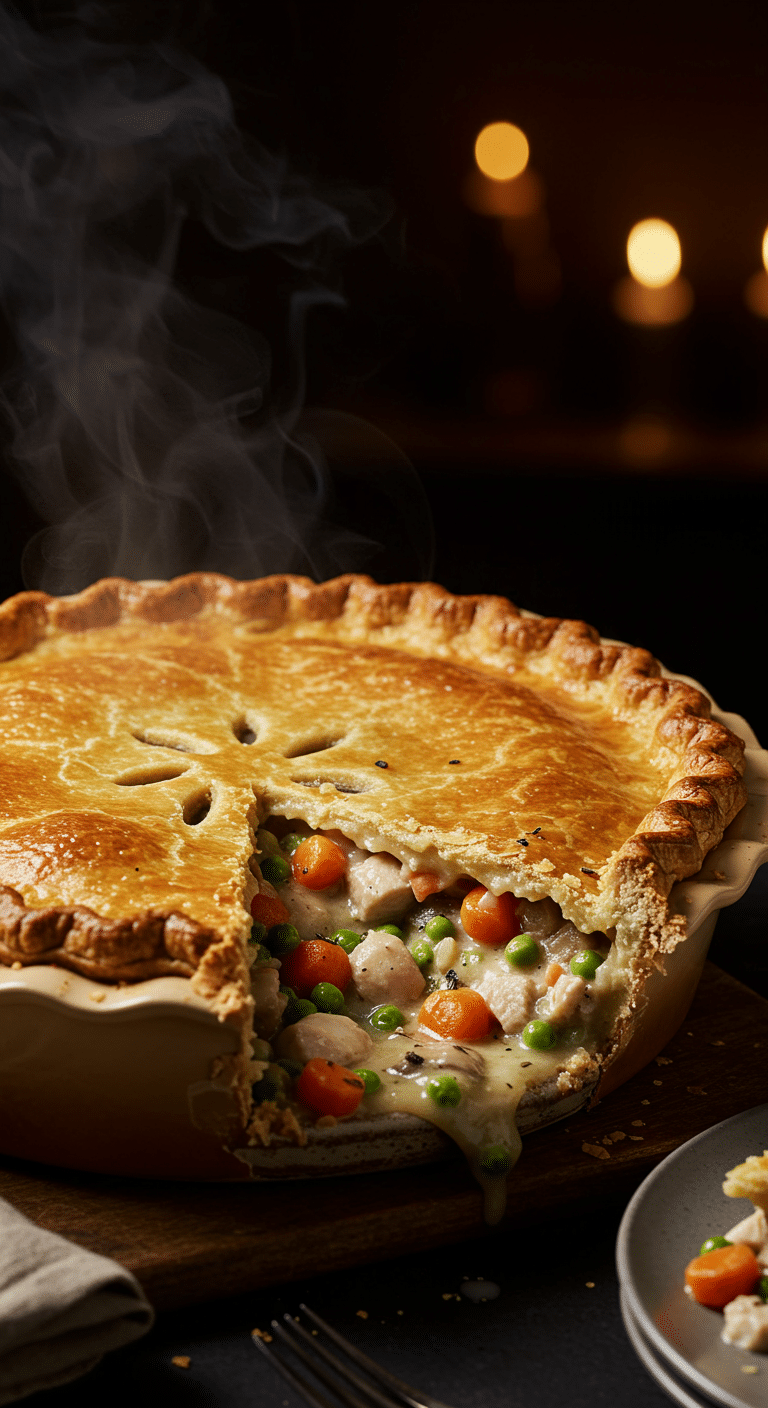 A beautiful, golden-brown homemade Turkey Pot Pie with a flaky crust and a perfect, creamy slice removed.