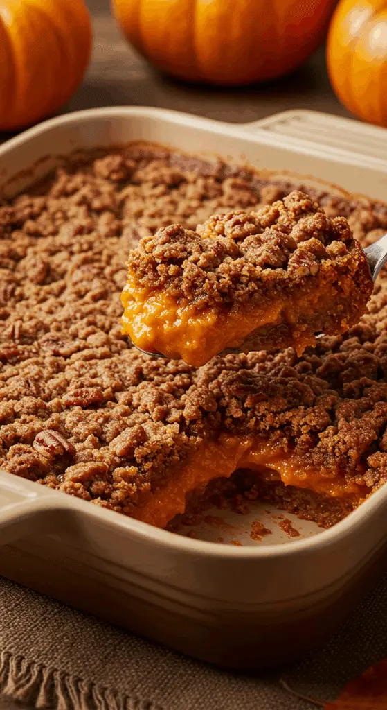 A warm, golden-brown homemade Pecan Pumpkin Crunch in a baking dish with a scoop being lifted out to show the creamy filling.