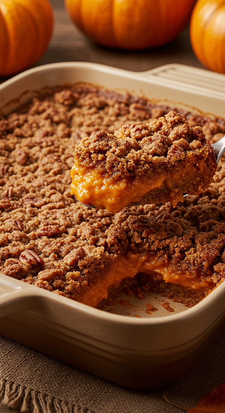 A warm, golden-brown homemade Pecan Pumpkin Crunch in a baking dish with a scoop being lifted out to show the creamy filling.