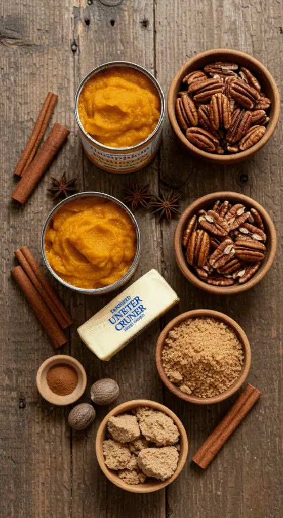 The fresh, seasonal ingredients for the easy Pecan Pumpkin Crunch recipe.
