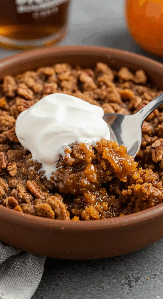A close-up of a warm bowl of Pecan Pumpkin Crunch with a large dollop of bourbon whipped cream melting on top.