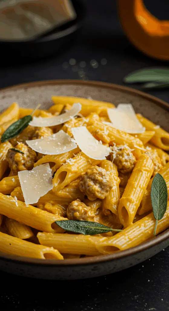 A beautiful, rustic bowl of homemade, creamy Pumpkin and Sausage Pasta, garnished with shaved Parmesan and fresh sage.