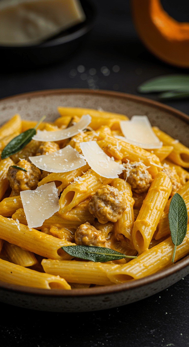 A beautiful, rustic bowl of homemade, creamy Pumpkin and Sausage Pasta, garnished with shaved Parmesan and fresh sage.