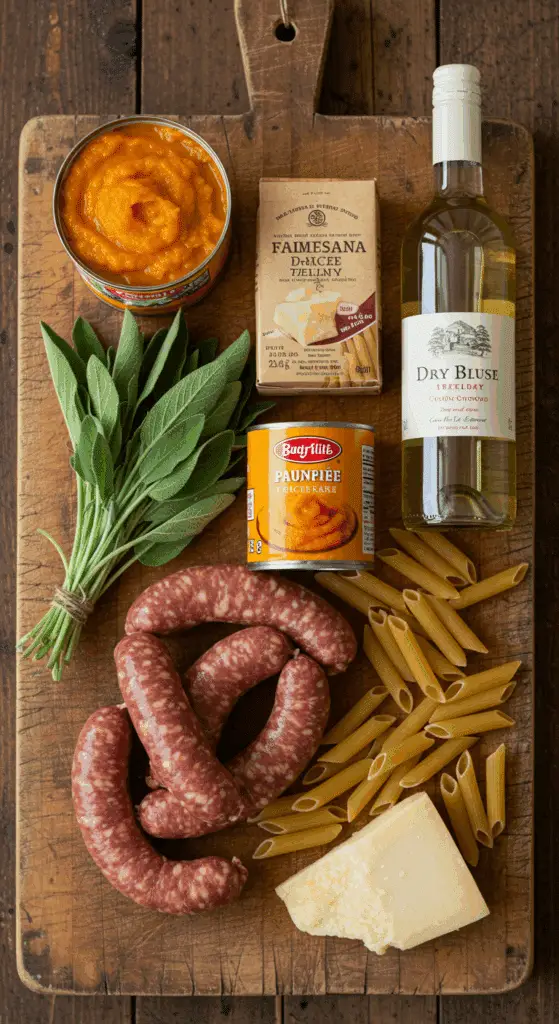 The fresh, from-scratch ingredients for the classic, creamy Pumpkin and Sausage Pasta recipe.