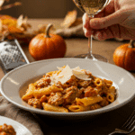 An elegant bowl of homemade, creamy Pumpkin and Sausage Pasta being served at a sophisticated fall dinner party.