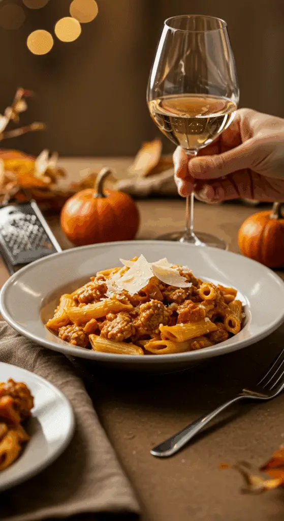 An elegant bowl of homemade, creamy Pumpkin and Sausage Pasta being served at a sophisticated fall dinner party.