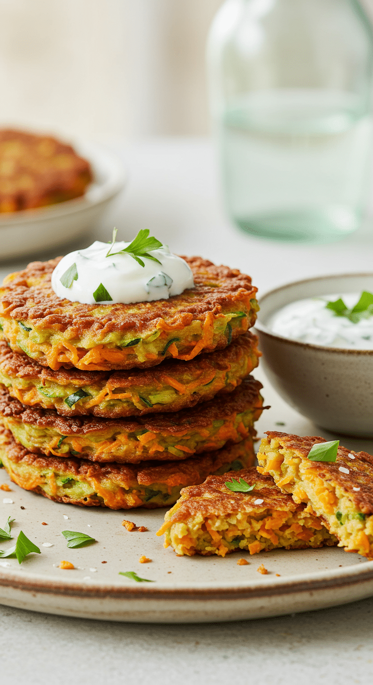 A beautiful, rustic stack of three crispy, golden-brown homemade Zucchini Sweet Potato Fritters with a dollop of yogurt sauce.