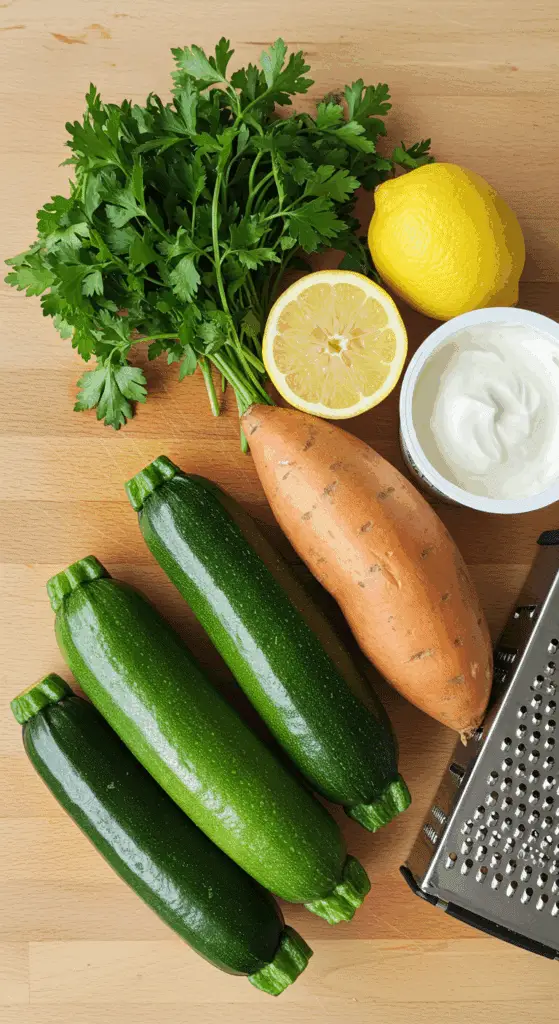 The fresh, wholesome ingredients for the healthy, from-scratch Zucchini Sweet Potato Fritters and yogurt sauce.