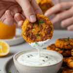 A hand dipping a crispy, homemade Zucchini Sweet Potato Fritter into a small bowl of creamy garlic-herb yogurt sauce.