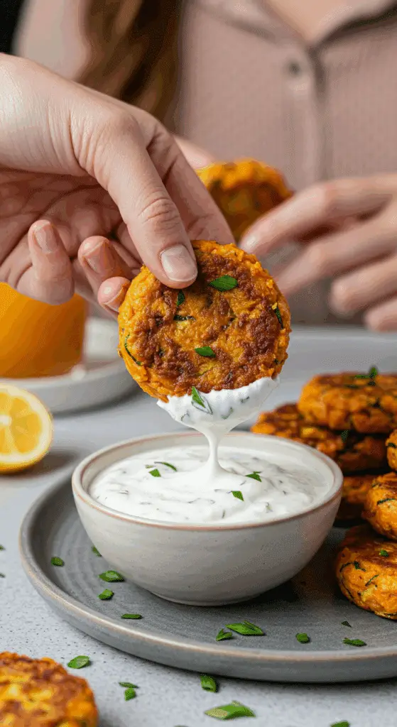 A hand dipping a crispy, homemade Zucchini Sweet Potato Fritter into a small bowl of creamy garlic-herb yogurt sauce.