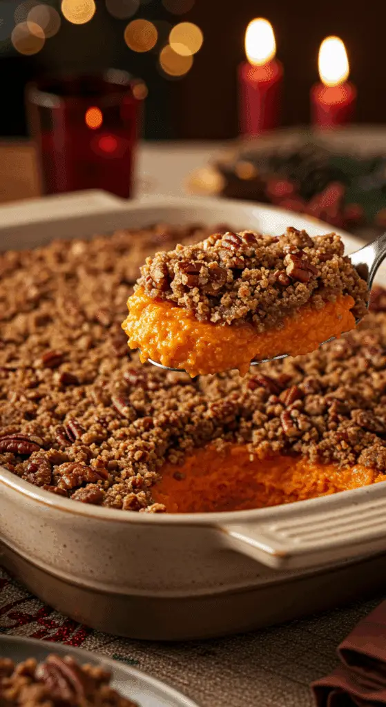 A beautiful, homemade Sweet Potato Casserole with a crunchy pecan topping, with a scoop removed to show the creamy filling.
