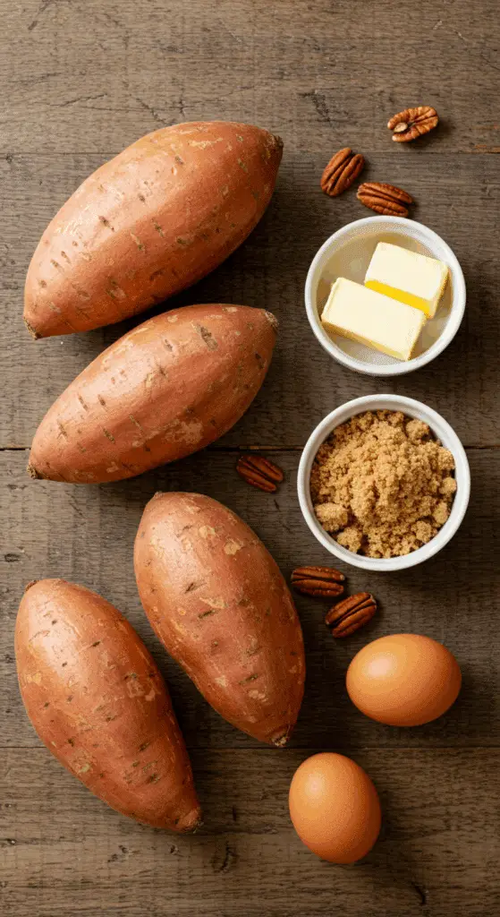 The simple, classic ingredients for the best Sweet Potato Casserole recipe with a pecan topping.