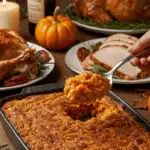 Serving a large, delicious scoop of Sweet Potato Casserole at a happy Thanksgiving dinner.