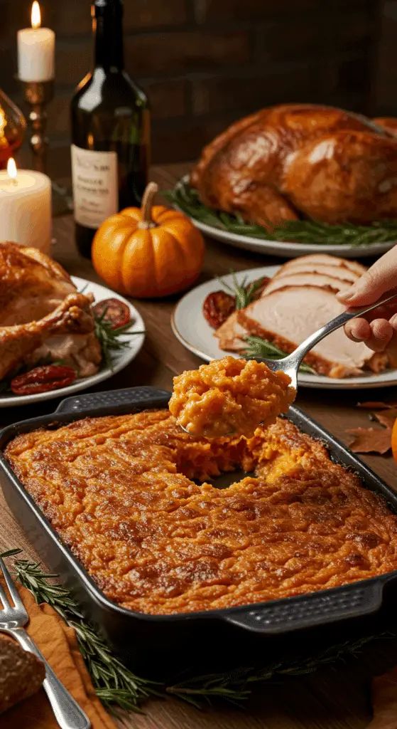 Serving a large, delicious scoop of Sweet Potato Casserole at a happy Thanksgiving dinner.