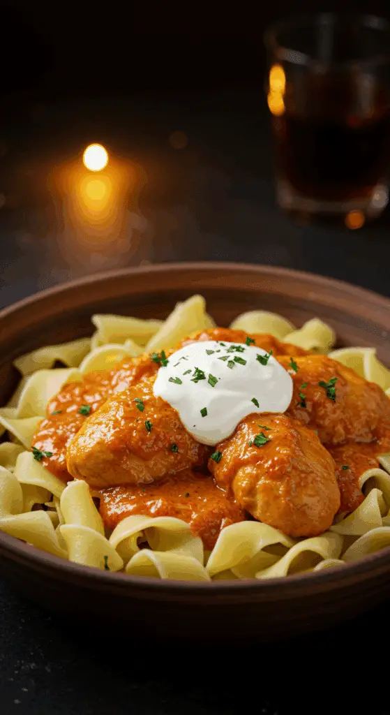 A beautiful, rustic bowl of homemade, creamy, and authentic Chicken Paprikash, served over a bed of fluffy egg noodles.