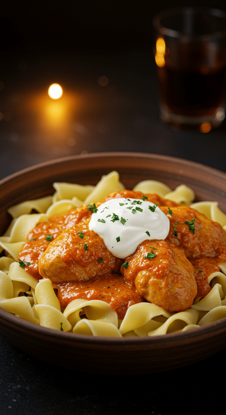 A beautiful, rustic bowl of homemade, creamy, and authentic Chicken Paprikash, served over a bed of fluffy egg noodles.