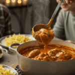 The finished Dutch oven of homemade, creamy Chicken Paprikash being served at a cozy family dinner.