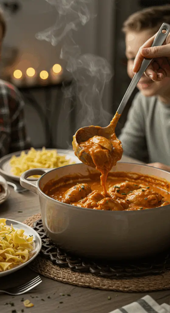 The finished Dutch oven of homemade, creamy Chicken Paprikash being served at a cozy family dinner.