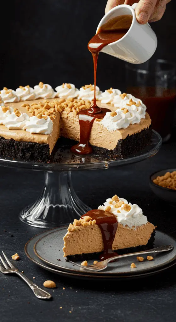 A beautiful, homemade, no-bake Peanut Butter Pie on a cake stand with a perfect, fluffy slice being drizzled with hot fudge sauce.