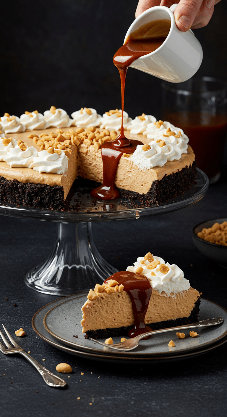 A beautiful, homemade, no-bake Peanut Butter Pie on a cake stand with a perfect, fluffy slice being drizzled with hot fudge sauce.