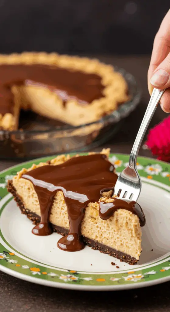 A perfect slice of homemade, no-bake Peanut Butter Pie with hot fudge sauce being served at a party.