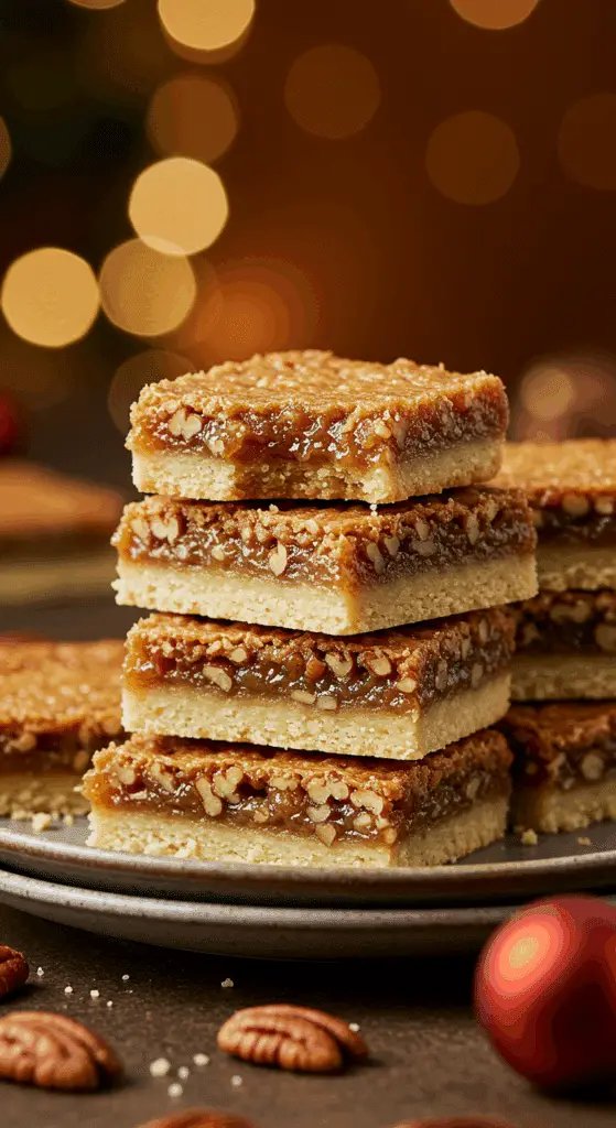 A beautiful stack of homemade, gooey Pecan Squares, with one broken to show the rich filling and shortbread crust.