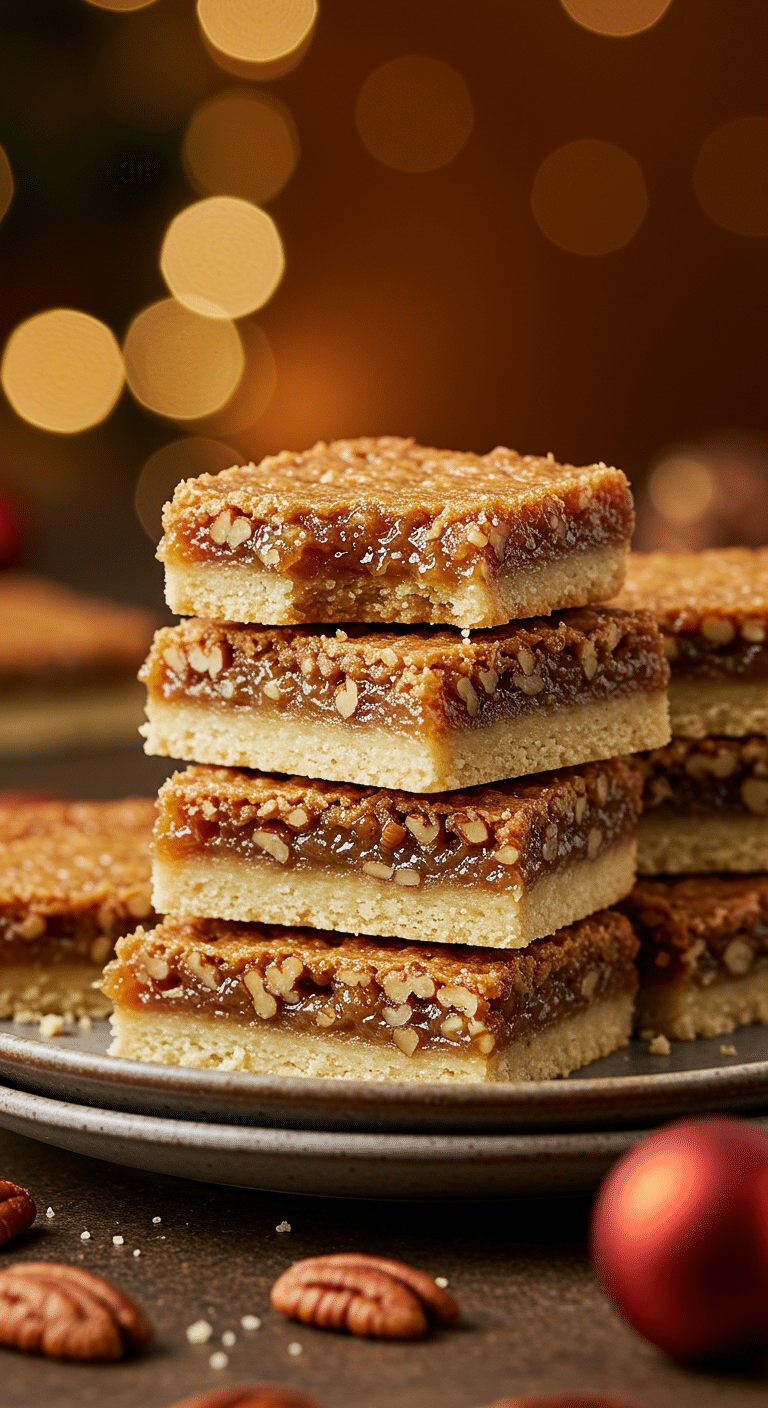 A beautiful stack of homemade, gooey Pecan Squares, with one broken to show the rich filling and shortbread crust.