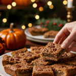 A beautiful platter of homemade Pecan Squares being served at a festive holiday party.