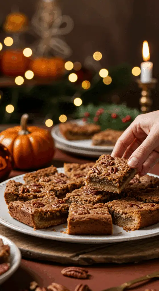 A beautiful platter of homemade Pecan Squares being served at a festive holiday party.