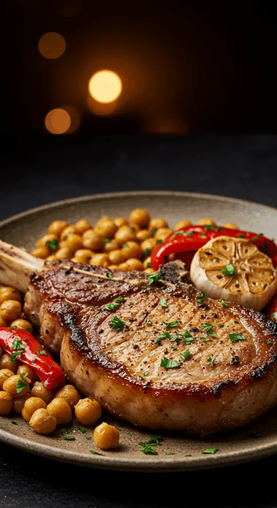A beautiful, golden-brown, homemade, broiled Rosemary-Garlic Pork Chop on a plate with a side of roasted chickpeas and red peppers.