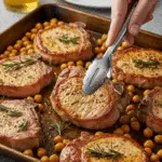 A hand using tongs to serve a juicy, homemade pork chop directly from the sheet pan after it has been cooked.