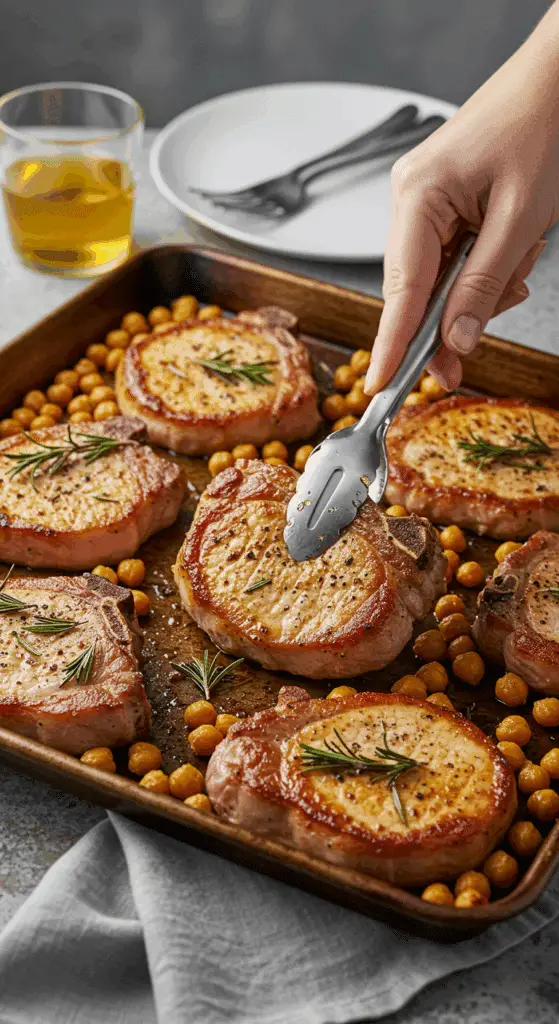 A hand using tongs to serve a juicy, homemade pork chop directly from the sheet pan after it has been cooked.