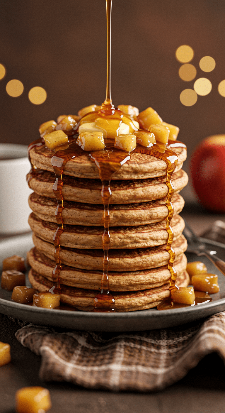 A tall, perfect stack of fluffy, golden-brown Apple Pie Protein Pancakes with a chunky, syrupy apple topping.