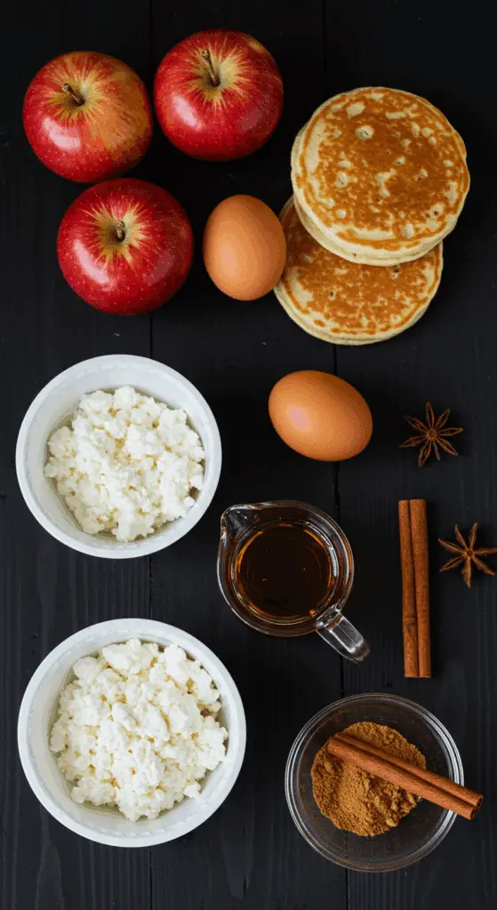 The healthy, fresh ingredients for the Apple Pie Protein Pancakes recipe.
