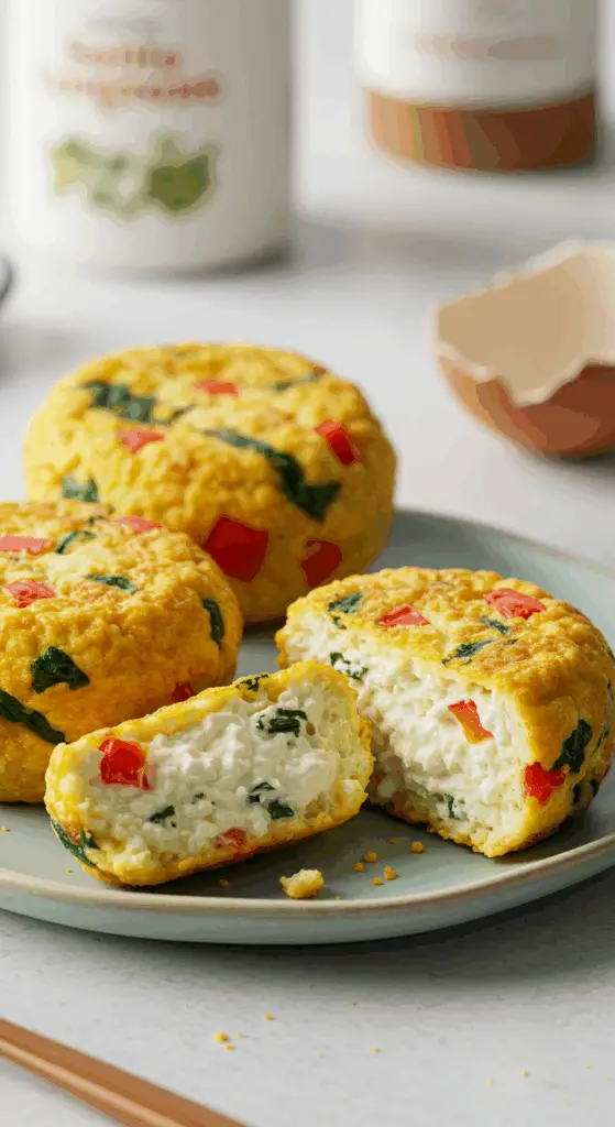 Three perfect, fluffy homemade Cottage Cheese Egg Bites on a plate, with one cut to show the inside.