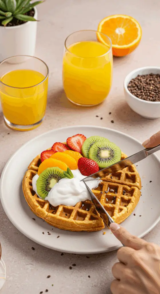 A person enjoying a healthy breakfast of High-Protein Cottage Cheese Waffles topped with fruit and yogurt.