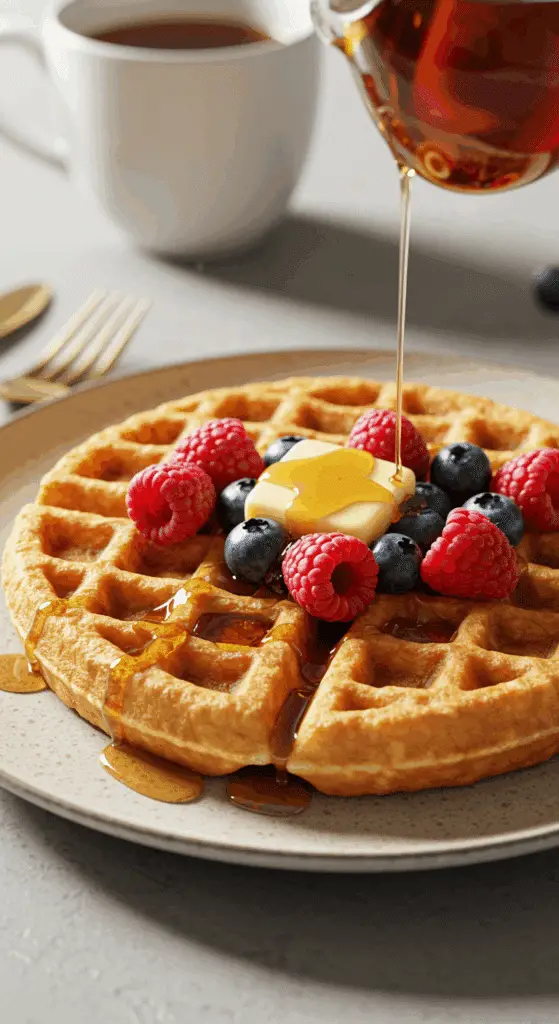 A perfect, golden-brown, crispy and fluffy homemade Cottage Cheese Waffle topped with fresh berries and maple syrup.
