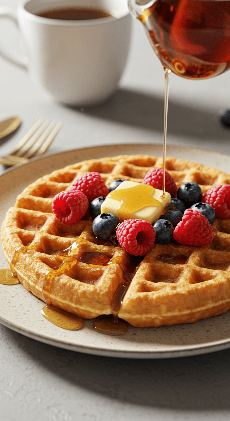 A perfect, golden-brown, crispy and fluffy homemade Cottage Cheese Waffle topped with fresh berries and maple syrup.