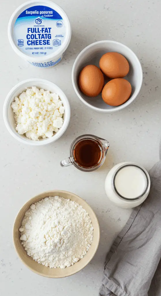 The healthy, simple ingredients for the High-Protein Cottage Cheese Waffles recipe.