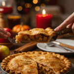 Slicing into a beautiful, homemade pie with a perfect, flaky crust at a festive holiday dinner.