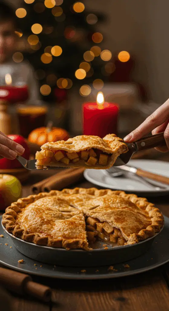 Slicing into a beautiful, homemade pie with a perfect, flaky crust at a festive holiday dinner.