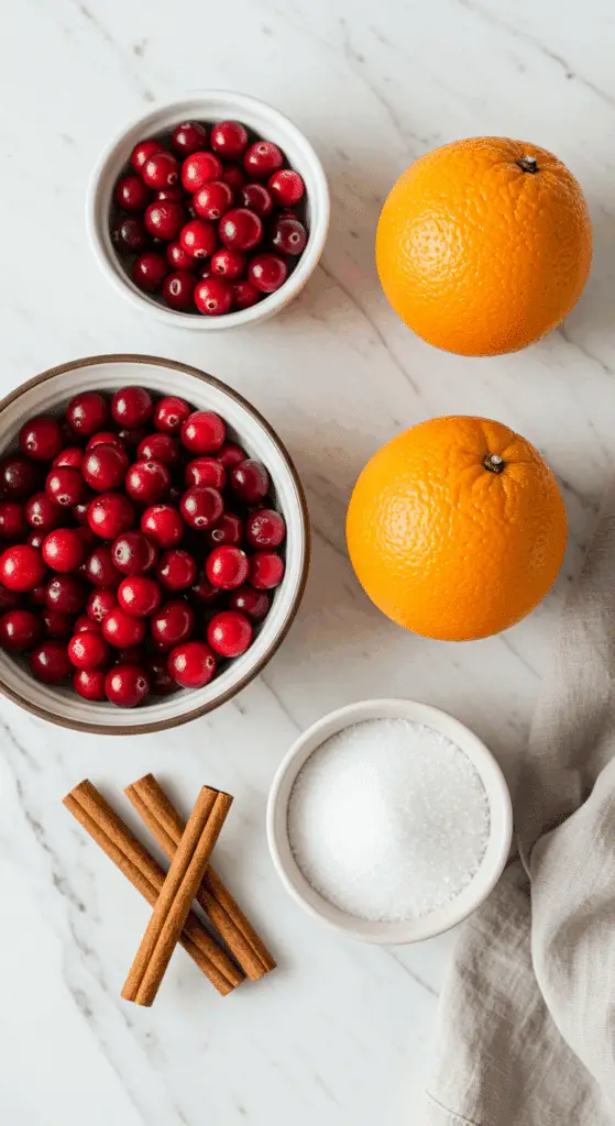 The 4 simple, fresh ingredients for the homemade Cranberry-Orange Sauce recipe.