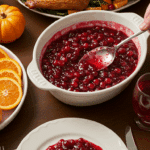 A bowl of homemade Cranberry-Orange Sauce being served as part of a beautiful Thanksgiving dinner.